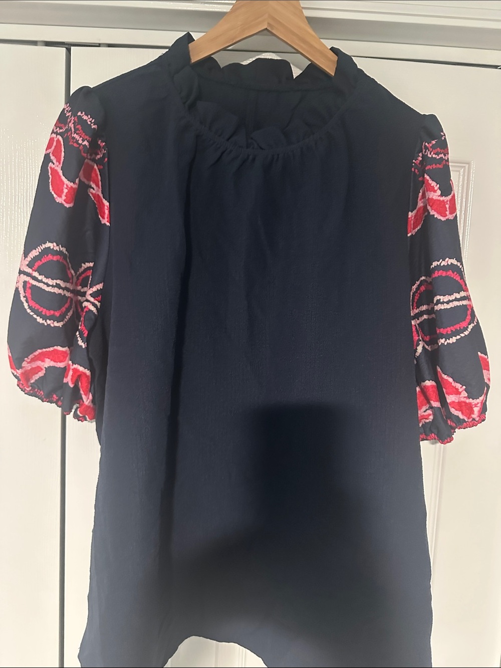 Women's Black Blouse with Pink Red Embroidered Sleeves